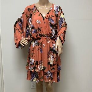 White Birch Coral Peach with bold florals 2 tier dress balloon sleeves size L